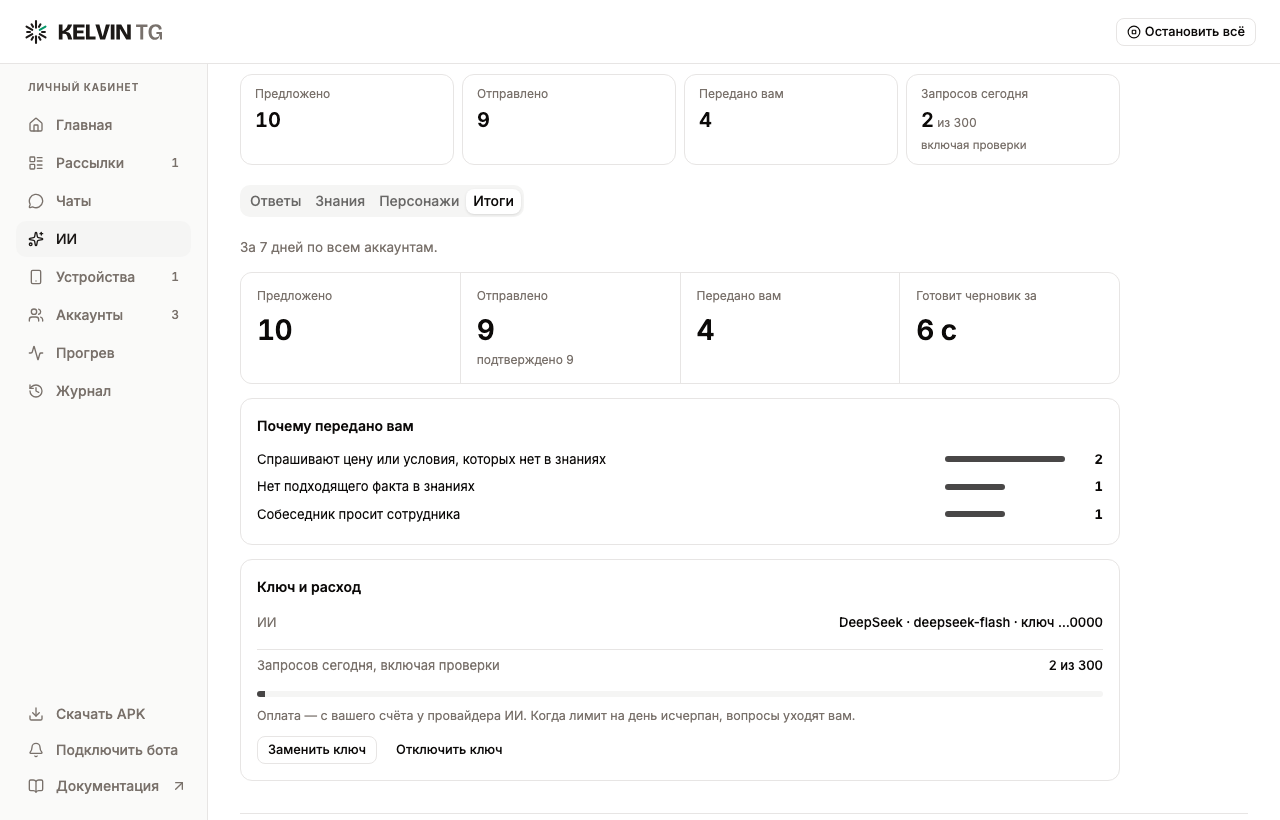 Вкладка «Итоги»: счётчики, причины передачи и блок «Ключ и расход»